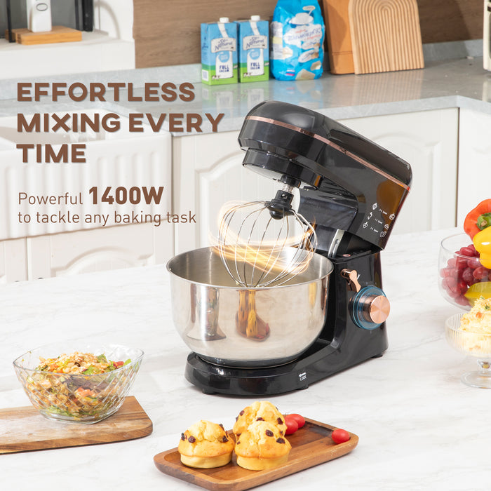 Black 1400W Stand Mixer 5L for Baking with 6 Speeds Pulse Dough Hook and Whisk by HOMCOM