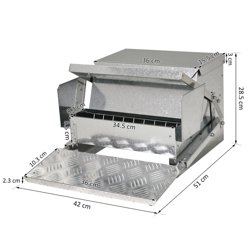 Automatic Poultry Feeder 11.5KG Rat Proof Treadle Design in Galvanised Aluminium, Silver