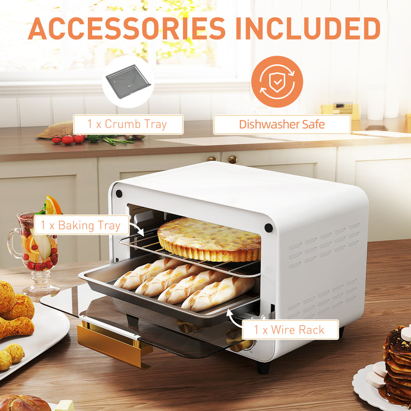 White 12L Mini Toaster Oven With Adjustable Timer and Glass Door For Small Kitchens