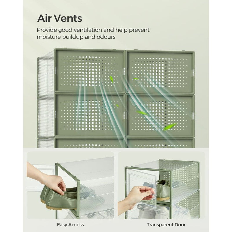 12 Pack Stackable Shoe Storage Boxes, Clear and Green