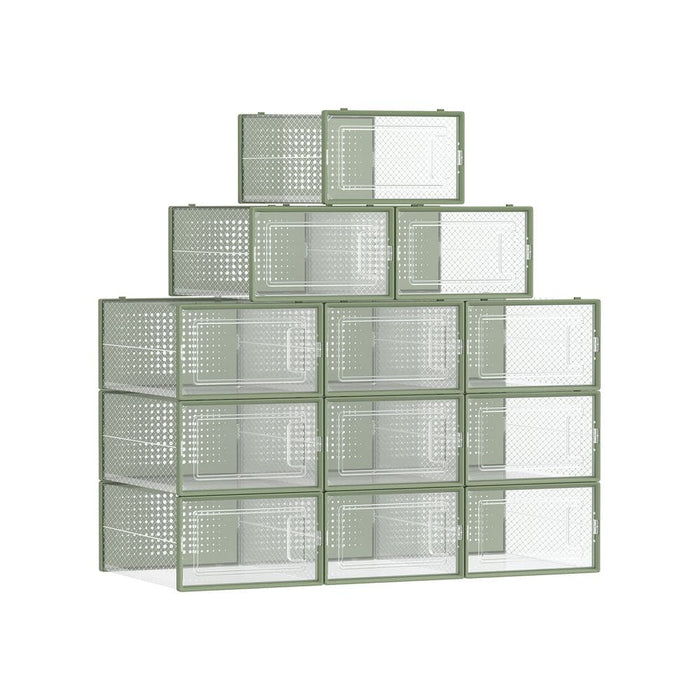 12 Pack Stackable Shoe Storage Boxes, Clear and Green