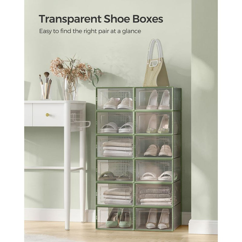 12 Pack Stackable Shoe Storage Boxes, Clear and Green