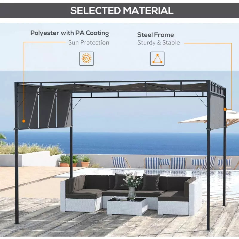 3x3 Metal Pergola With Retractable Roof Canopy - Dark Grey