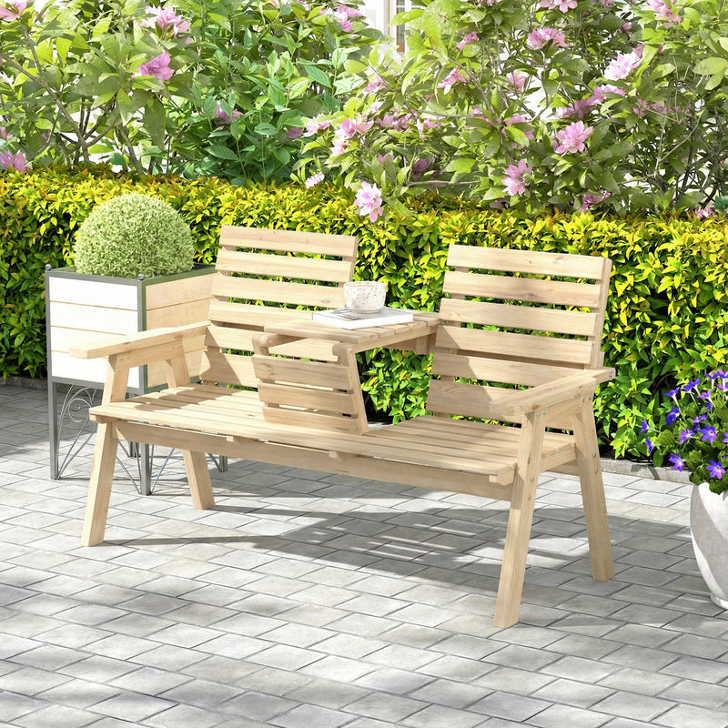 Wooden Garden Bench With Lifting Central Table for Outdoor Relaxing Natural Finish Outsunny