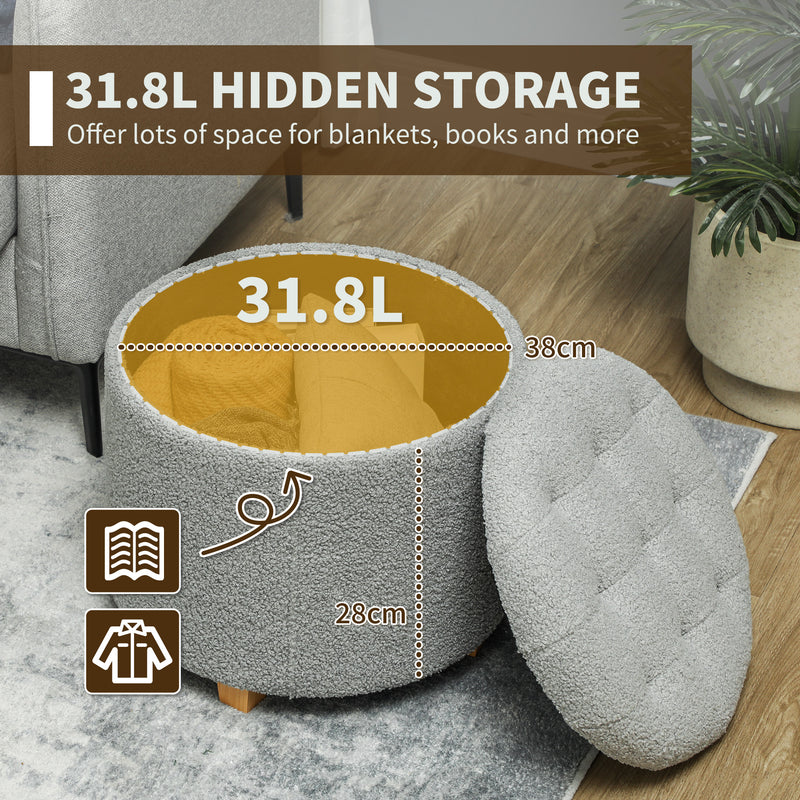 Teddy Fleece Storage Round Ottoman with Lid Grey 31.8L by HOMCOM