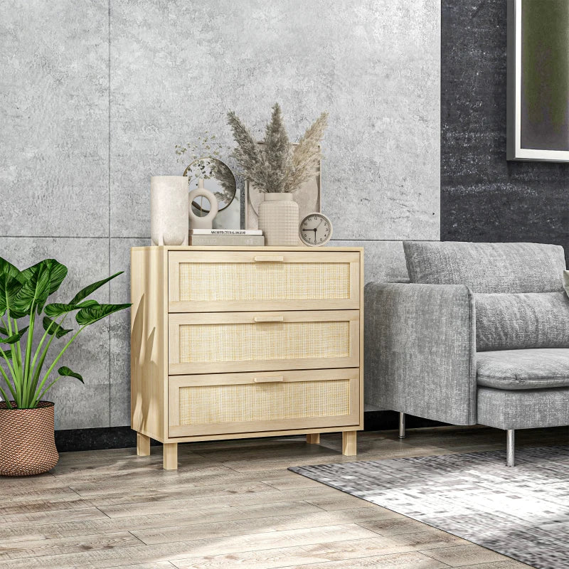 Stylish wooden 3 drawer dresser in a modern living room
