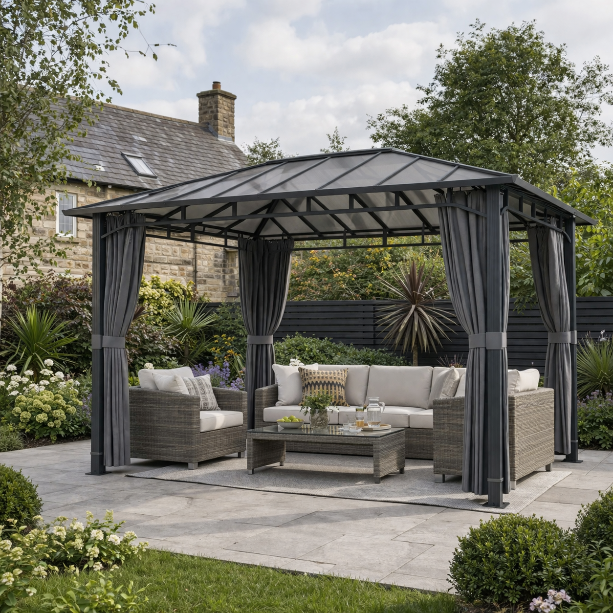 Outdoor patio with hard top gazebo, furniture, and plants in a garden setting.