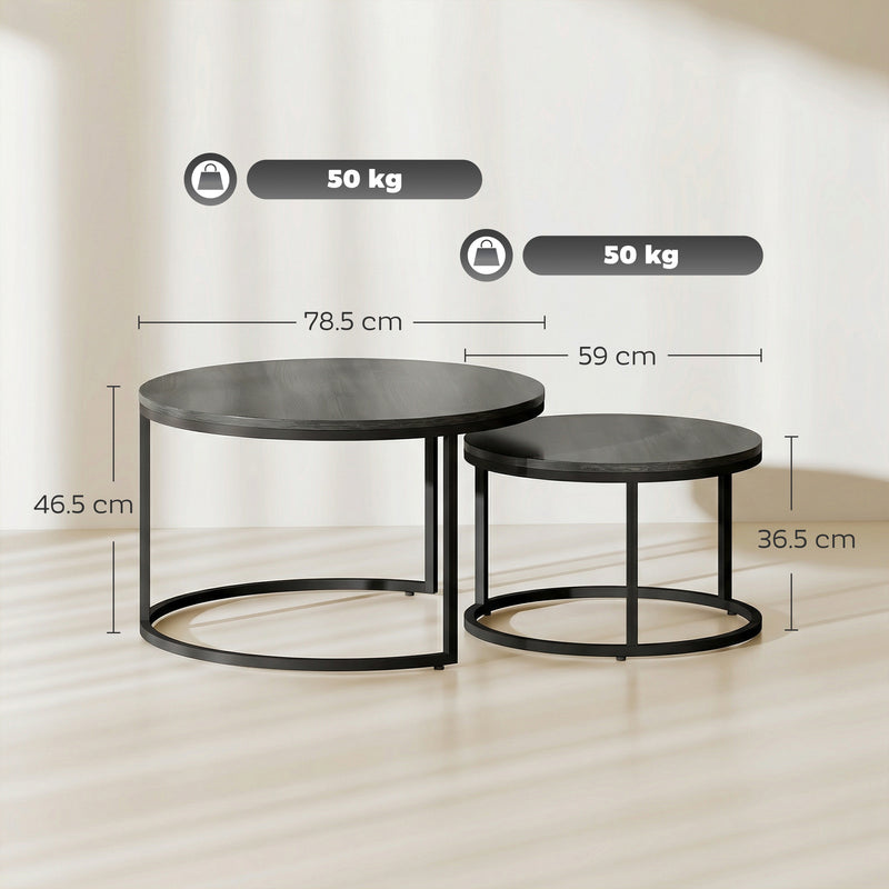 Nesting Coffee Table Set of 2 Space Saving Tables for Living Room Black Wood Grain AOSOM
