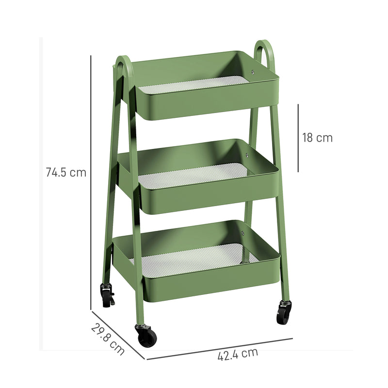 Green Three Tier Rolling Storage Trolley with Wheels and Organiser Shelves