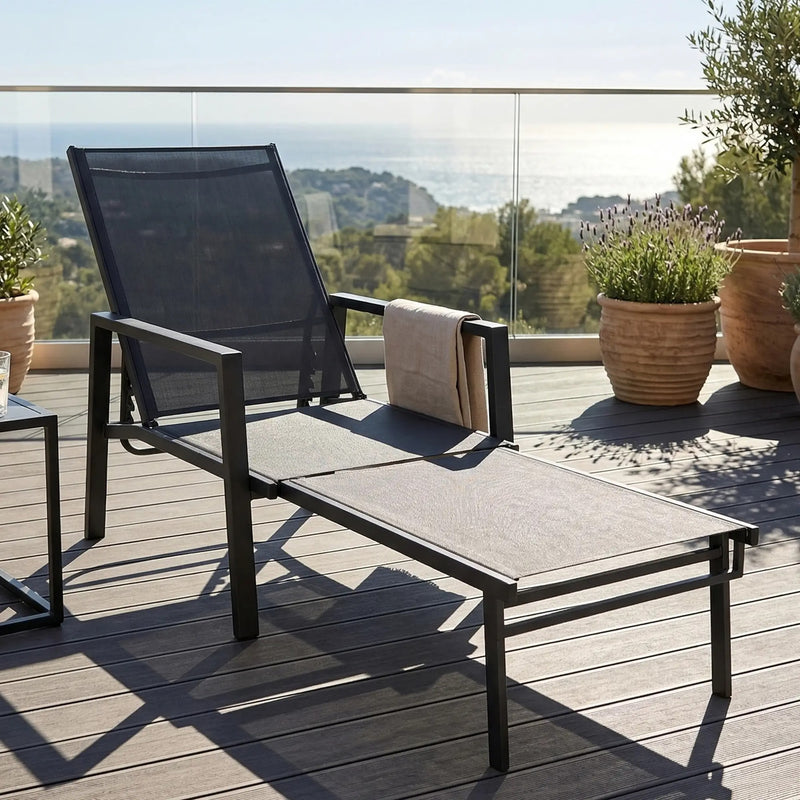 Sun Lounger with Adjustable Backrest and Pull Out Footrest for Garden Relaxation Dark Grey