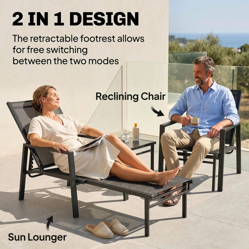 Sun Lounger with Adjustable Backrest and Pull Out Footrest for Garden Relaxation Dark Grey
