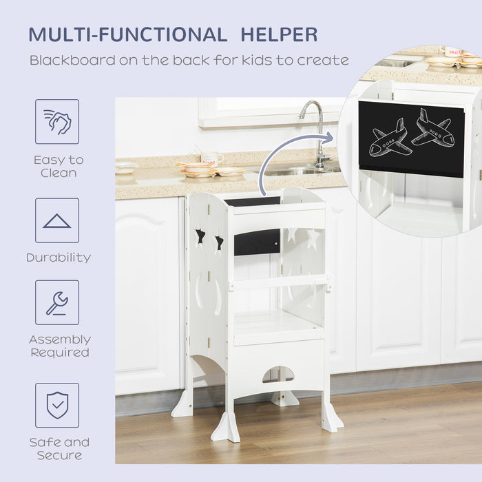 Kids Step Stool with Blackboard and Lockable Handrail for Kitchen Counter White by HOMCOM