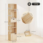 Tall Narrow 6 Tier Bookcase With Drawer And Door For Home Storage Natural Wood Finish AOSOM