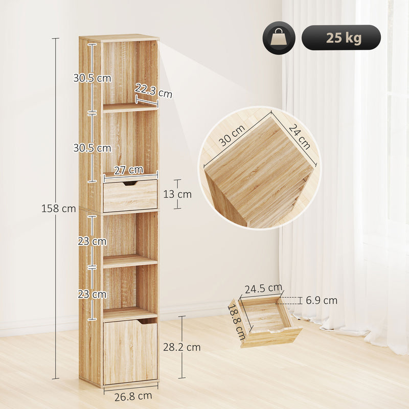 Tall Narrow 6 Tier Bookcase With Drawer And Door For Home Storage Natural Wood Finish AOSOM
