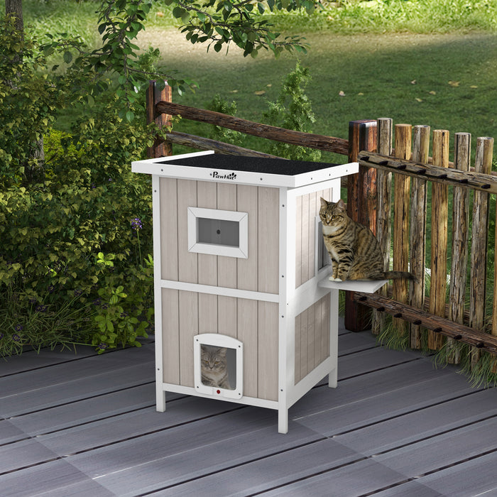 2 Tier Wooden Outdoor Cat Shelter with Removable Base and Escape Doors, Light Grey