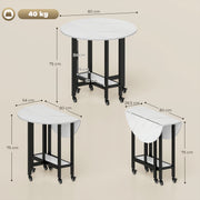 Folding Dining Table with Storage Shelf for Small Spaces on Wheels White Marble AOSOM