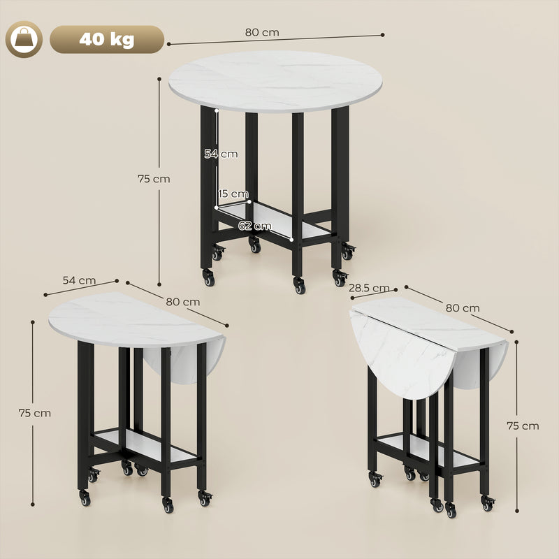 Folding Dining Table with Storage Shelf for Small Spaces on Wheels White Marble AOSOM