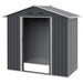 Image of a small grey metal outdoor garden storage shed with apex roof