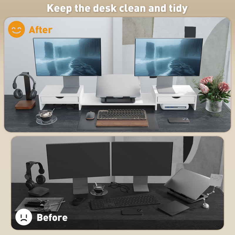 White Dual Monitor Stand Riser with Adjustable Length and Storage Drawers by HOMCOM AOSOM