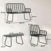 Rattan Garden Furniture Set for Small Patios or Balconies with Cushions and Coffee Table Black Outsunny