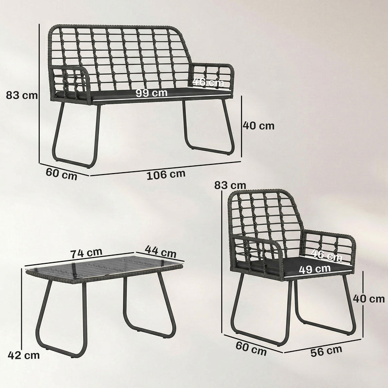 Rattan Garden Furniture Set for Small Patios or Balconies with Cushions and Coffee Table Black Outsunny