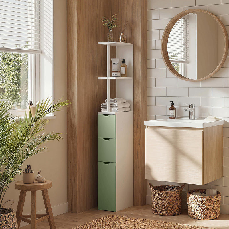 Bathroom Floor Cabinet for Small Spaces with Shelves and Drawers White Light Green