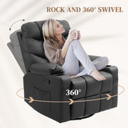 Manual Recliner Armchair With Swivel Base Cup Holders And Footrest For Living Room Black