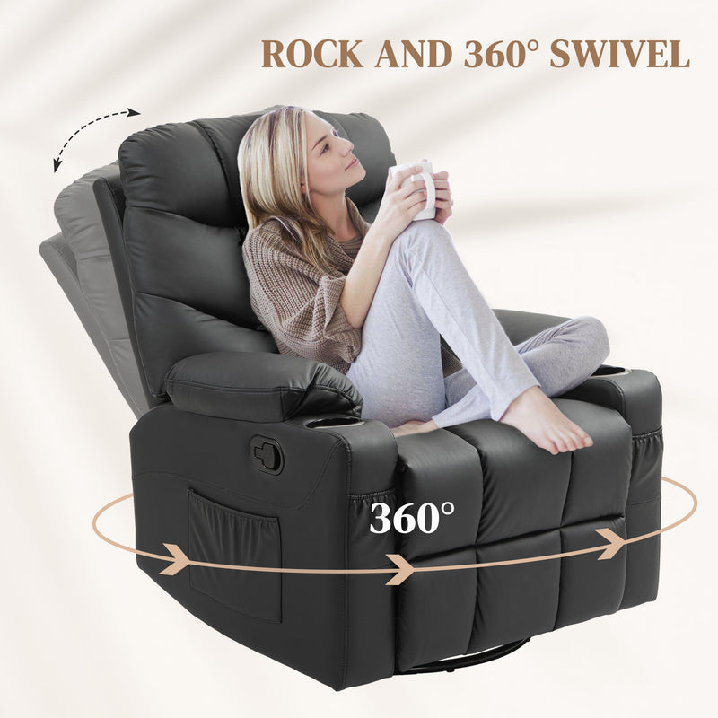 Manual Recliner Armchair With Swivel Base Cup Holders And Footrest For Living Room Black