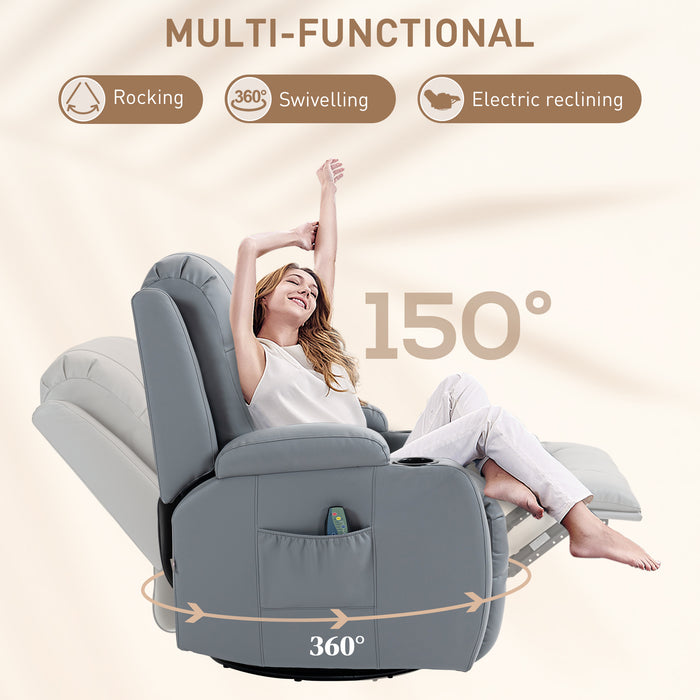 Light Grey Electric Massaging Recliner Chair with Heat Vibration Cup Holders and 360Â° Swivel by HOMCOM