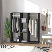 Black Double Open Wardrobe With 6 Wheels And Shelves For Mobile Bedroom Storage