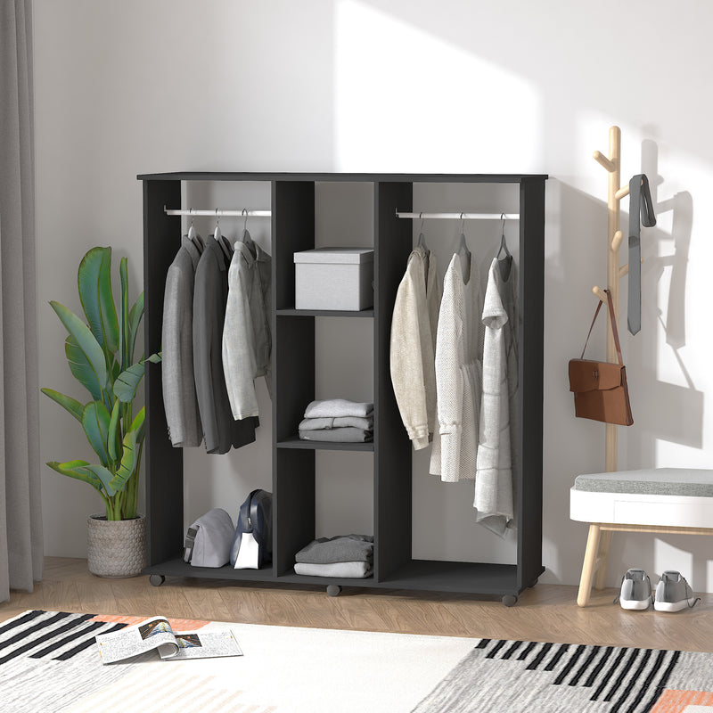 Black Double Open Wardrobe With 6 Wheels And Shelves For Mobile Bedroom Storage
