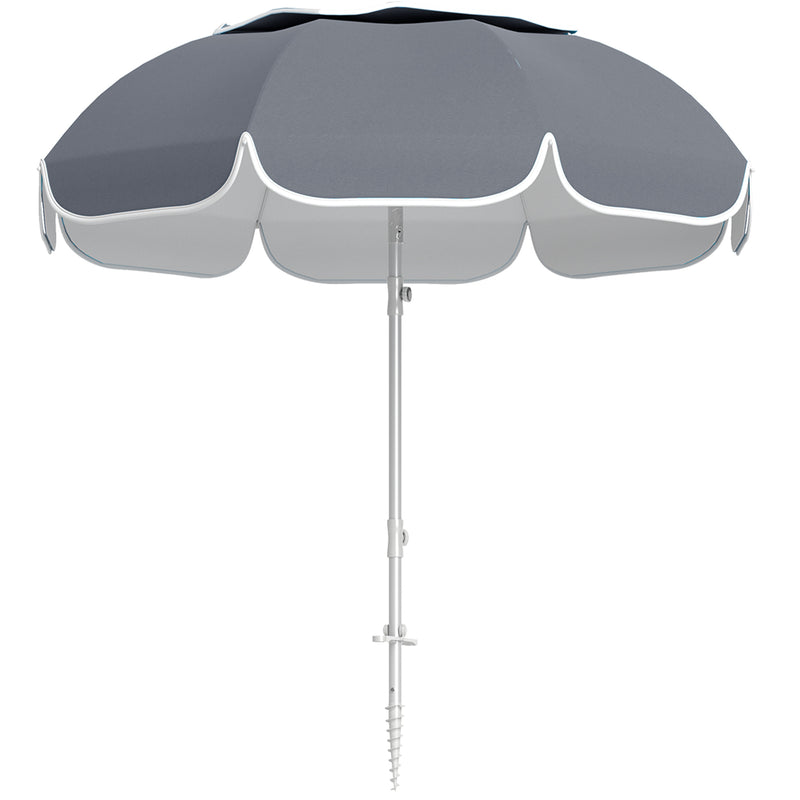 Grey Beach Umbrella with Sand Anchor Adjustable Tilt UPF50+ UV Protection and Carry Bag by Outsunny