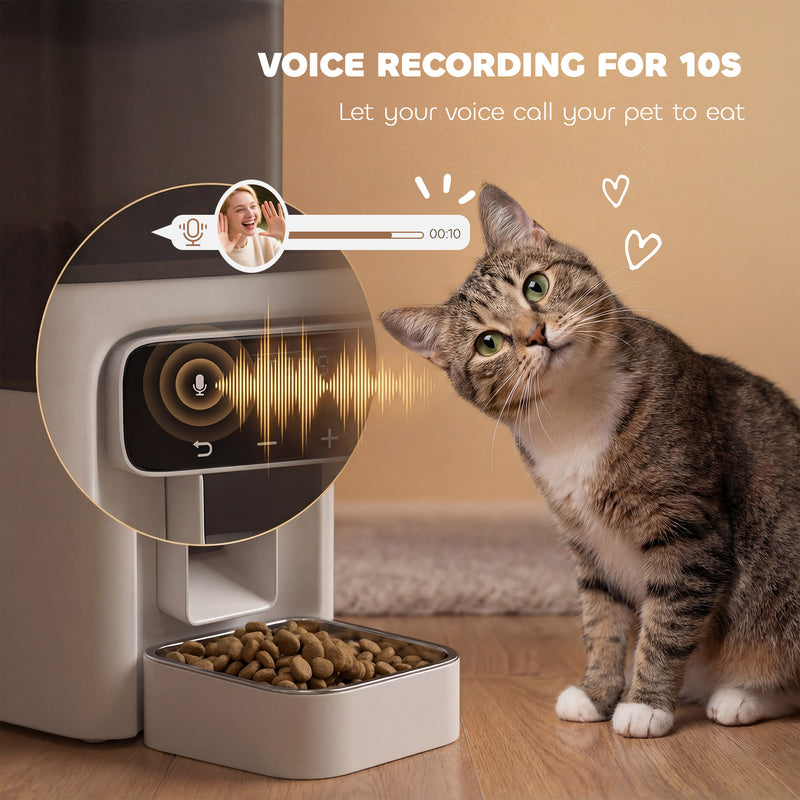 Automatic Cat Feeder with Timer Voice Recorder and Portion Control for 6 Meals Daily White