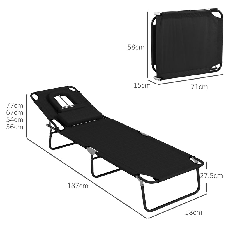 Set of 2 Black Folding Sun Loungers with Face Hole and Adjustable Backrest for Garden