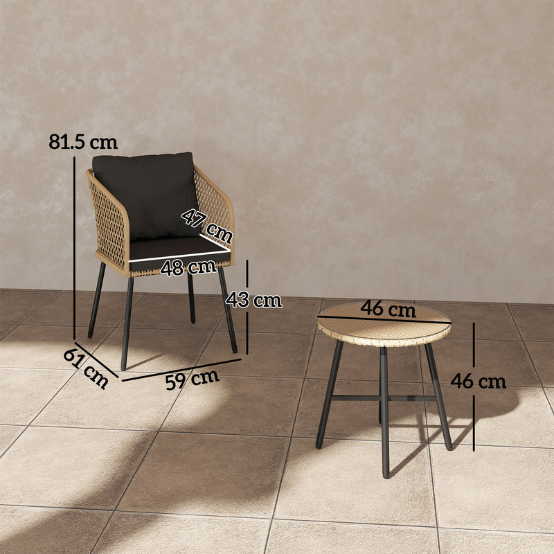 3 Piece Rattan Bistro Set with Cushions Glass Table and Wooden Finish Chairs by Outsunny