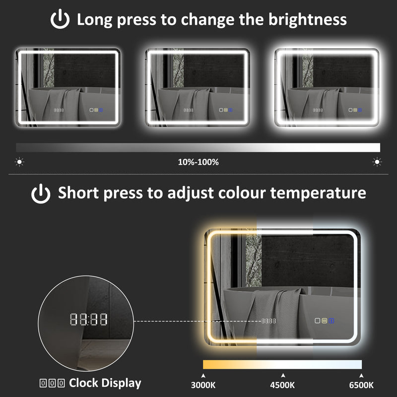 Bluetooth LED Bathroom Mirror with Clock and Anti-Fog 60 x 80 cm Silver Tone by HOMCOM