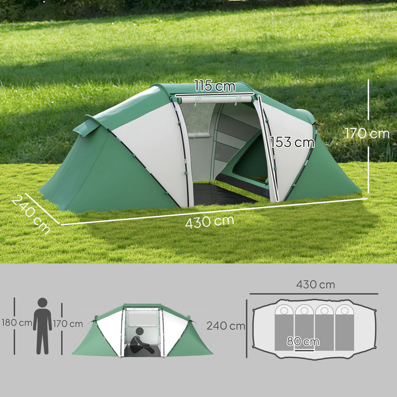 Tunnel Tent with Two Bedrooms and Living Area for Group Camping 4–6 Person Green White