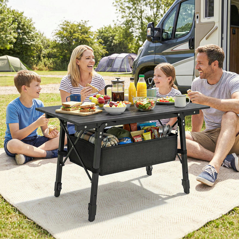 Foldable Outdoor Table with Storage Basket for Picnics and Camping Black
