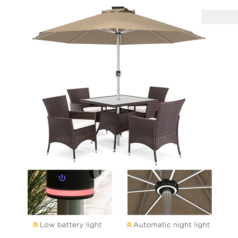 Khaki 3m Garden Parasol With Solar LED Lights For Shaded Outdoor Relaxation
