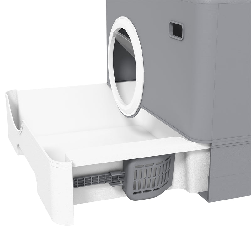 Enclosed Cat Litter Box With Pull Out Tray Scoop And Top Entry For Easy Cleaning, Grey