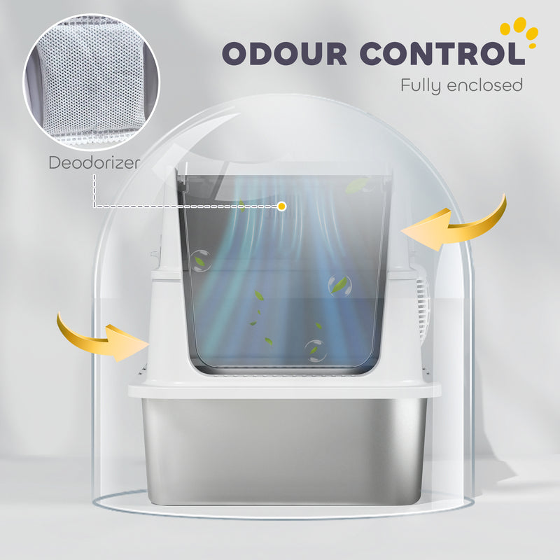 Extra Large Stainless Steel Cat Litter Tray With Scoop And Flip Top Lid For Easy Cleaning, Silver