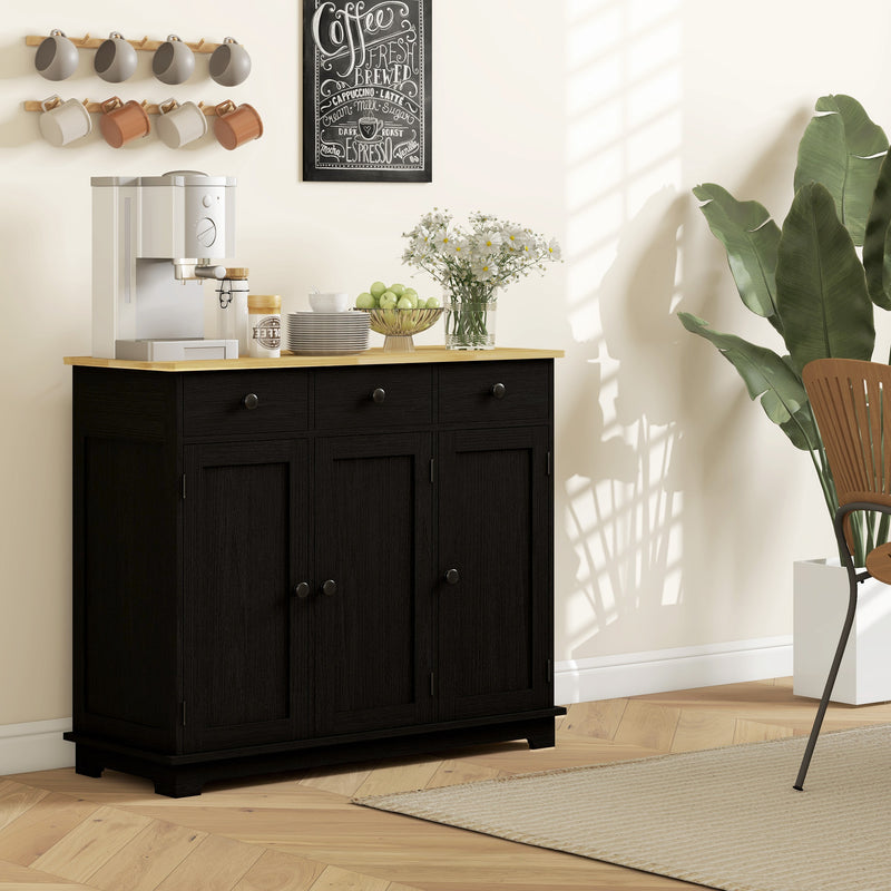 Black Sideboard With Rubberwood Top And Adjustable Shelves For Kitchen Or Dining Room