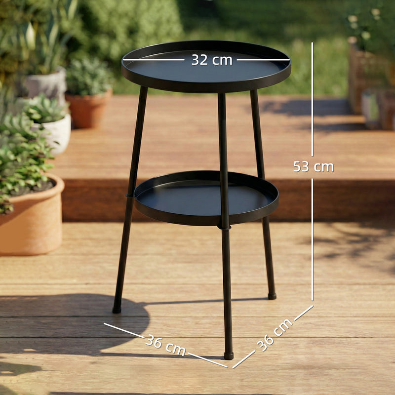 Small Two Tier Garden Side Table for Balconies and Patios with Adjustable Feet Black Outsunny