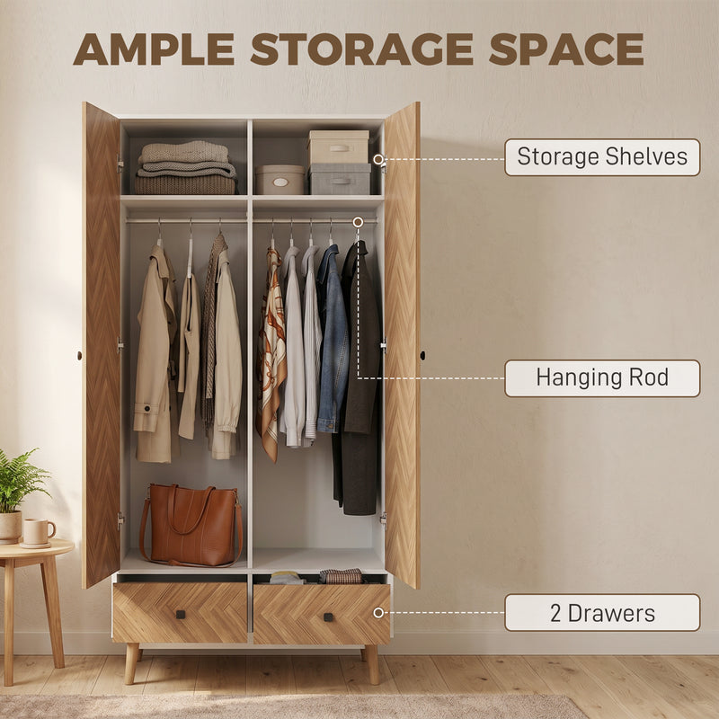 Wardrobe with Hanging Rail and Drawers for Organised Bedroom Storage White and Natural Wood