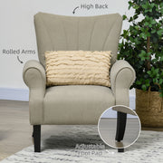 High Back Upholstered Accent Armchair with Rolled Arms and Wood Legs for Lounge, Beige