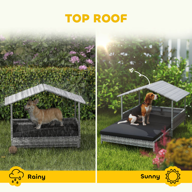 Extendable Elevated Rattan Dog Bed With Water Resistant Roof and Cushion Charcoal Grey by PawHut