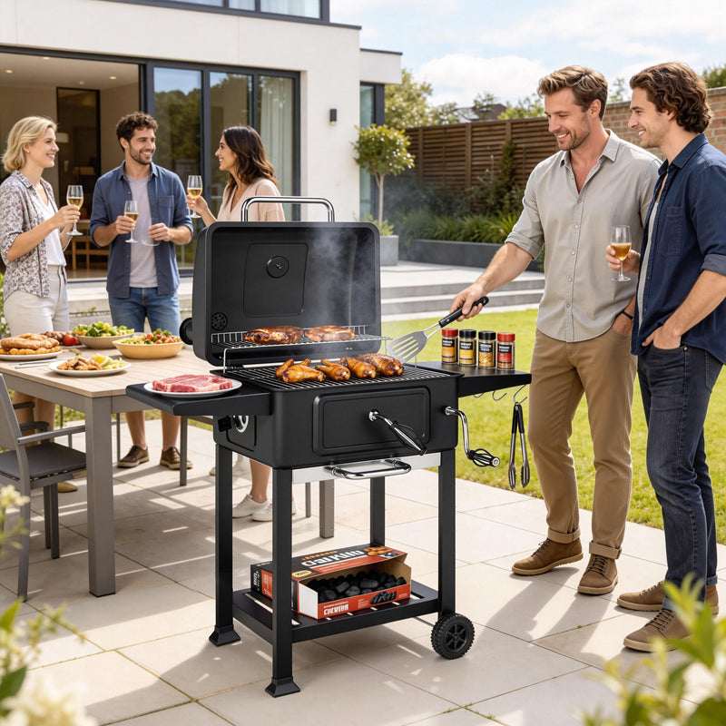Charcoal BBQ Grill with Large Cooking Area and Easy Heat Control for Garden Gatherings Black