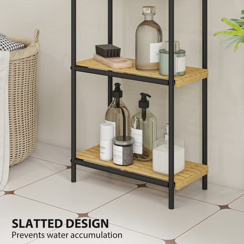 4 Tier Freestanding Bamboo Storage Shelf For Bathroom Or Kitchen With Slatted Design, Natural and Black