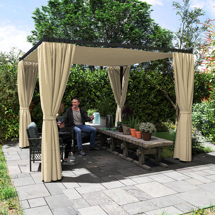 Khaki 3 x 3m Retractable Pergola with Curtains Garden Gazebo Shelter for Patio and Deck by Outsunny