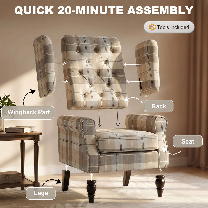 Accent Chair with High Back and Deep Padding for Relaxing in Living Room or Bedroom Khaki Plaid